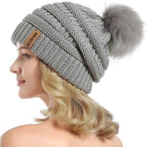 Women Soft Grey Soft Acrylic Thick Baggy Knit Winter Faux Fur Pompom Beanie